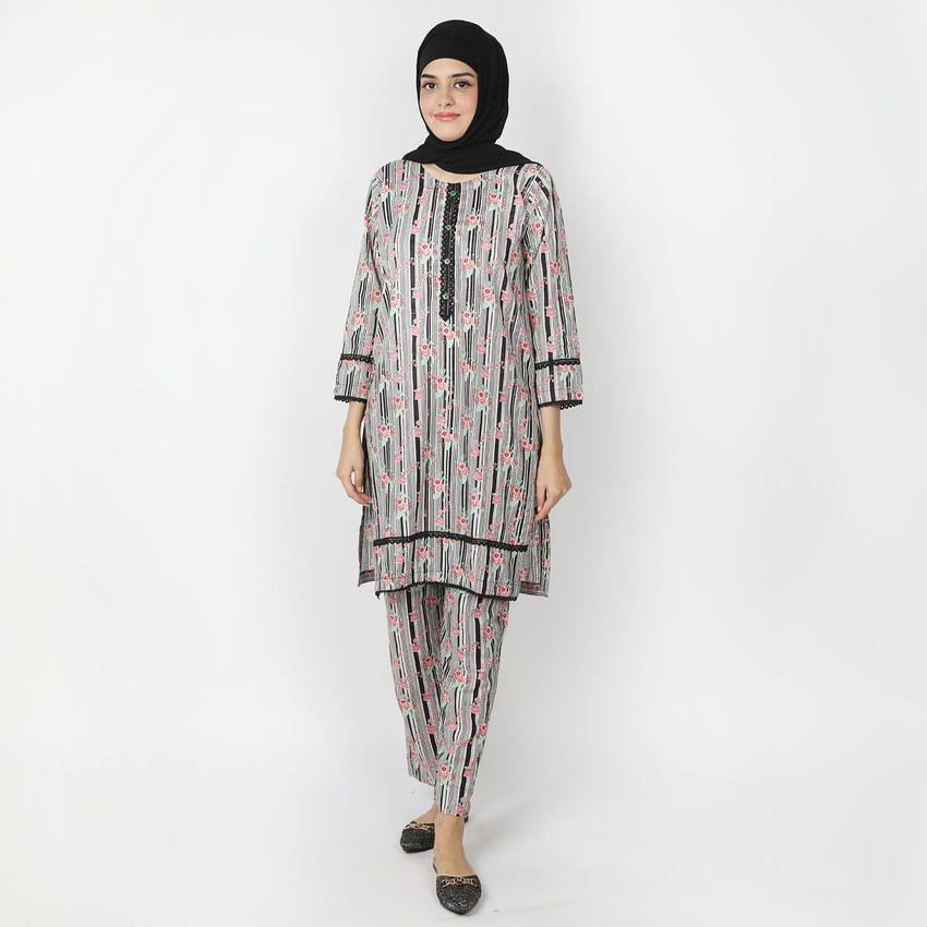 Women's Printed Khaddar Stitched 2pcs Suit - Light Grey