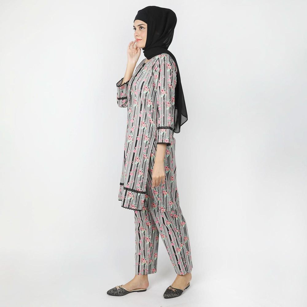 Women's Printed Khaddar Stitched 2pcs Suit - Light Grey, Women Shalwar Suits, Chase Value, Chase Value