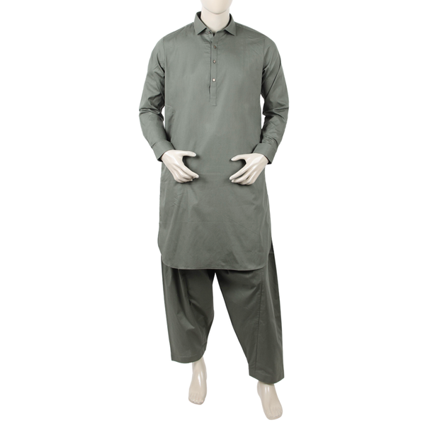 Eminent Men's Trim Fit Shalwar Suit Plain - Olive