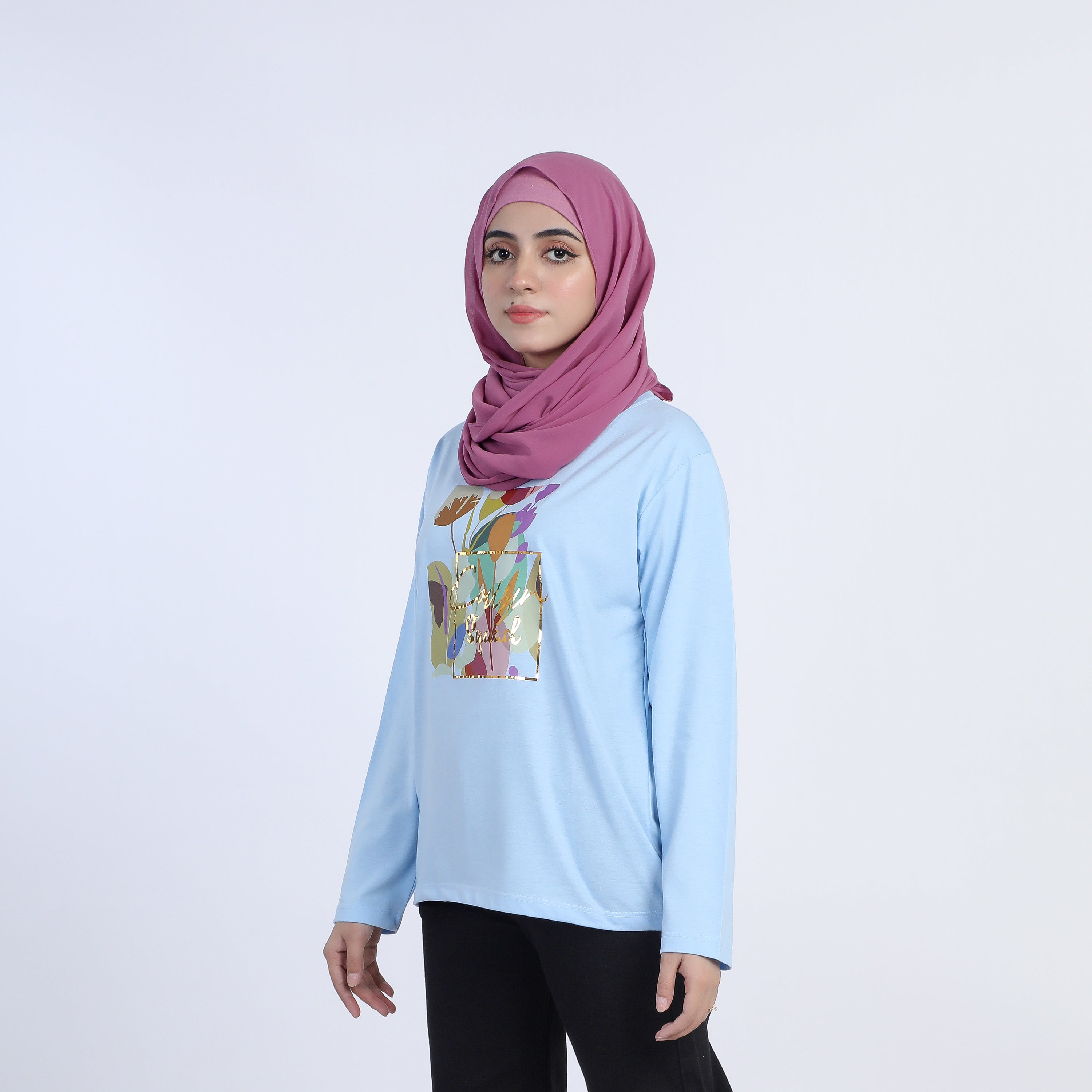 Women's Full Sleeves Printed Top - Sky Blue, Women T-Shirts & Tops, Chase Value, Chase Value