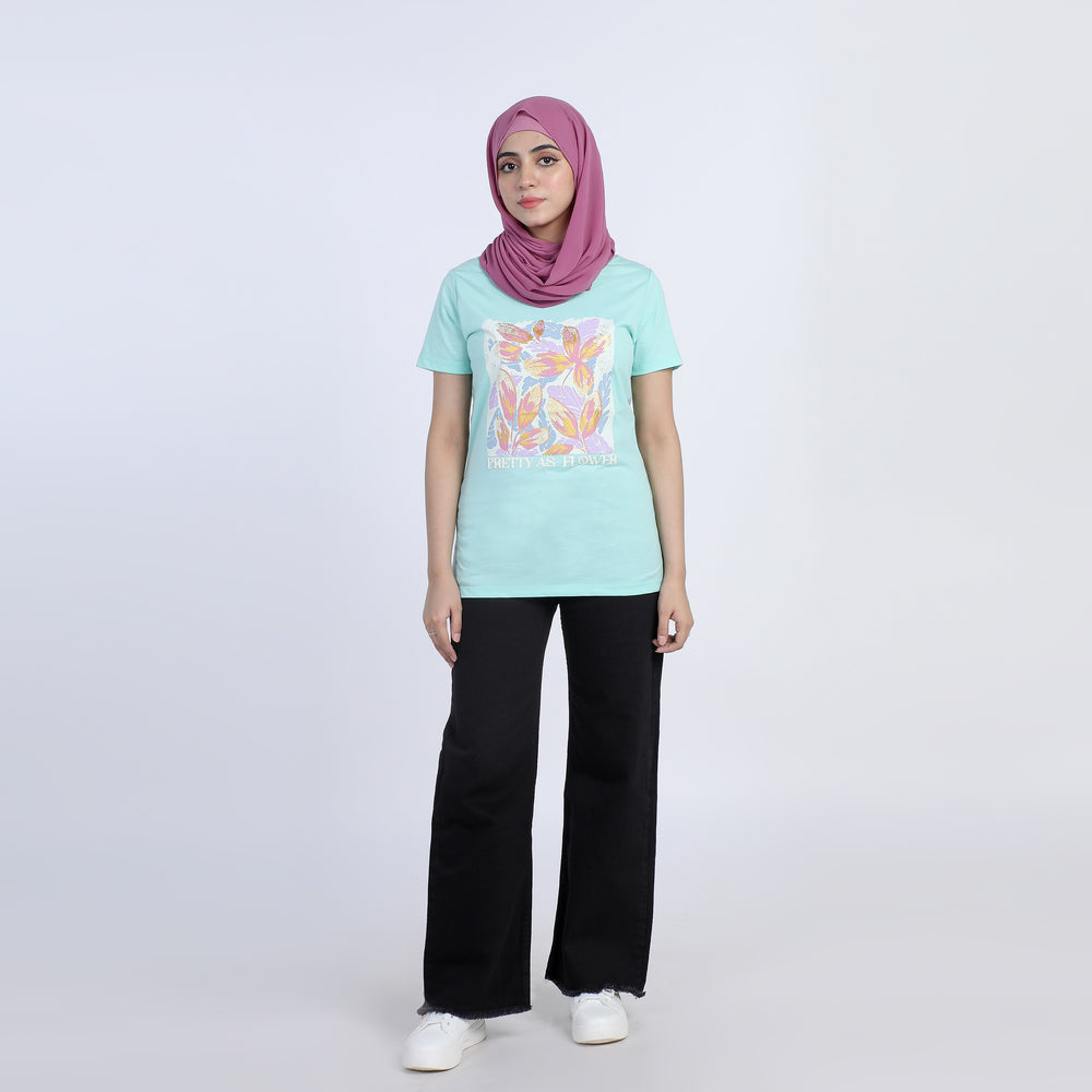 Women's Half Sleeves Printed T-Shirt - Cyan, Women T-Shirts & Tops, Chase Value, Chase Value