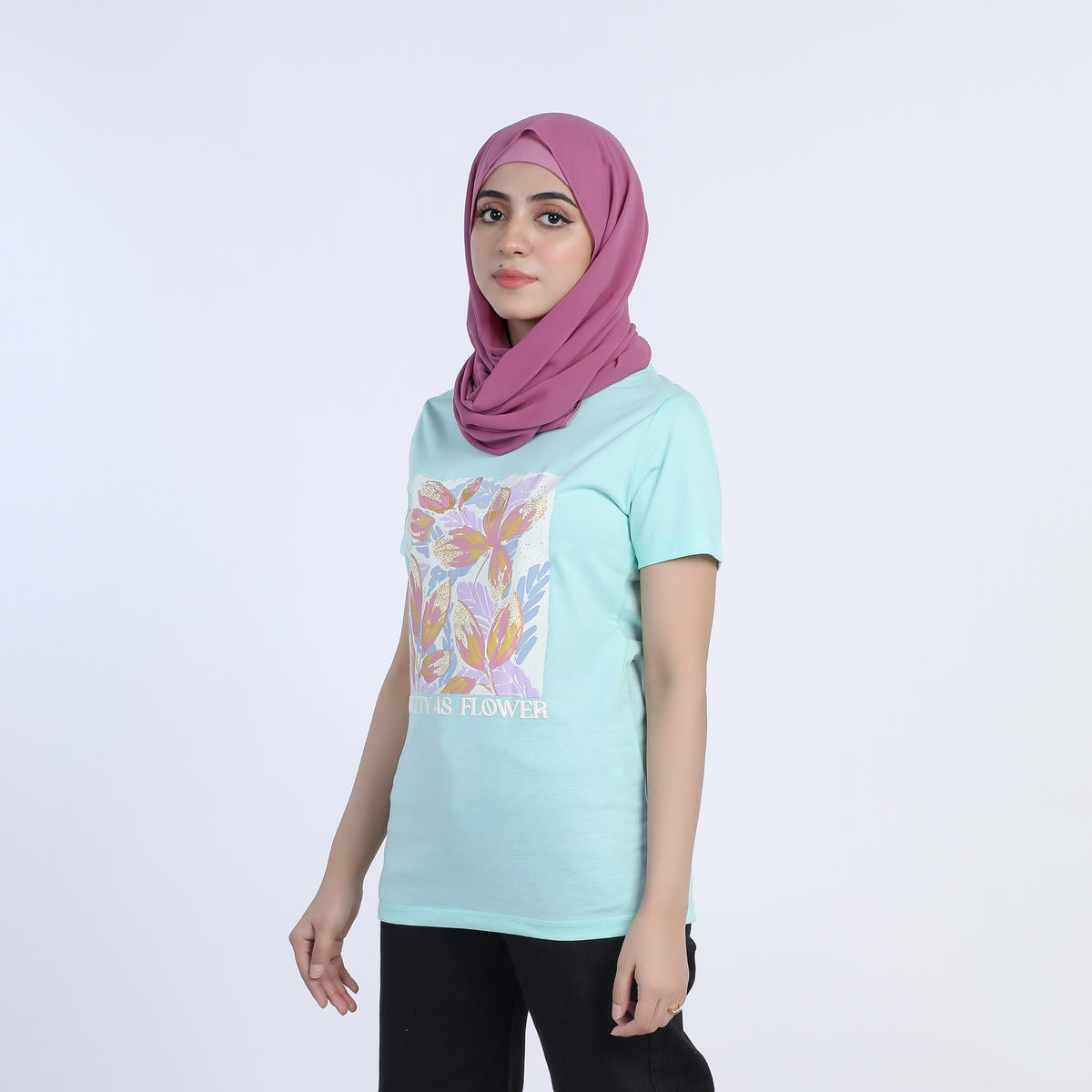 Women's Half Sleeves Printed T-Shirt - Cyan, Women T-Shirts & Tops, Chase Value, Chase Value