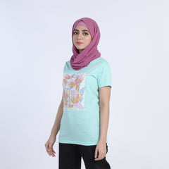 Women's Half Sleeves Printed T-Shirt - Cyan
