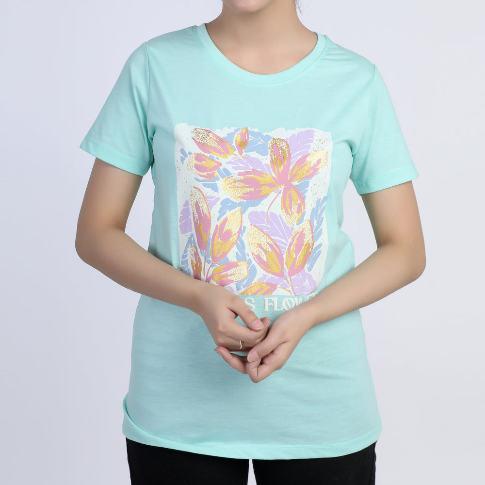 Women's Half Sleeves Printed T-Shirt - Cyan, Women T-Shirts & Tops, Chase Value, Chase Value