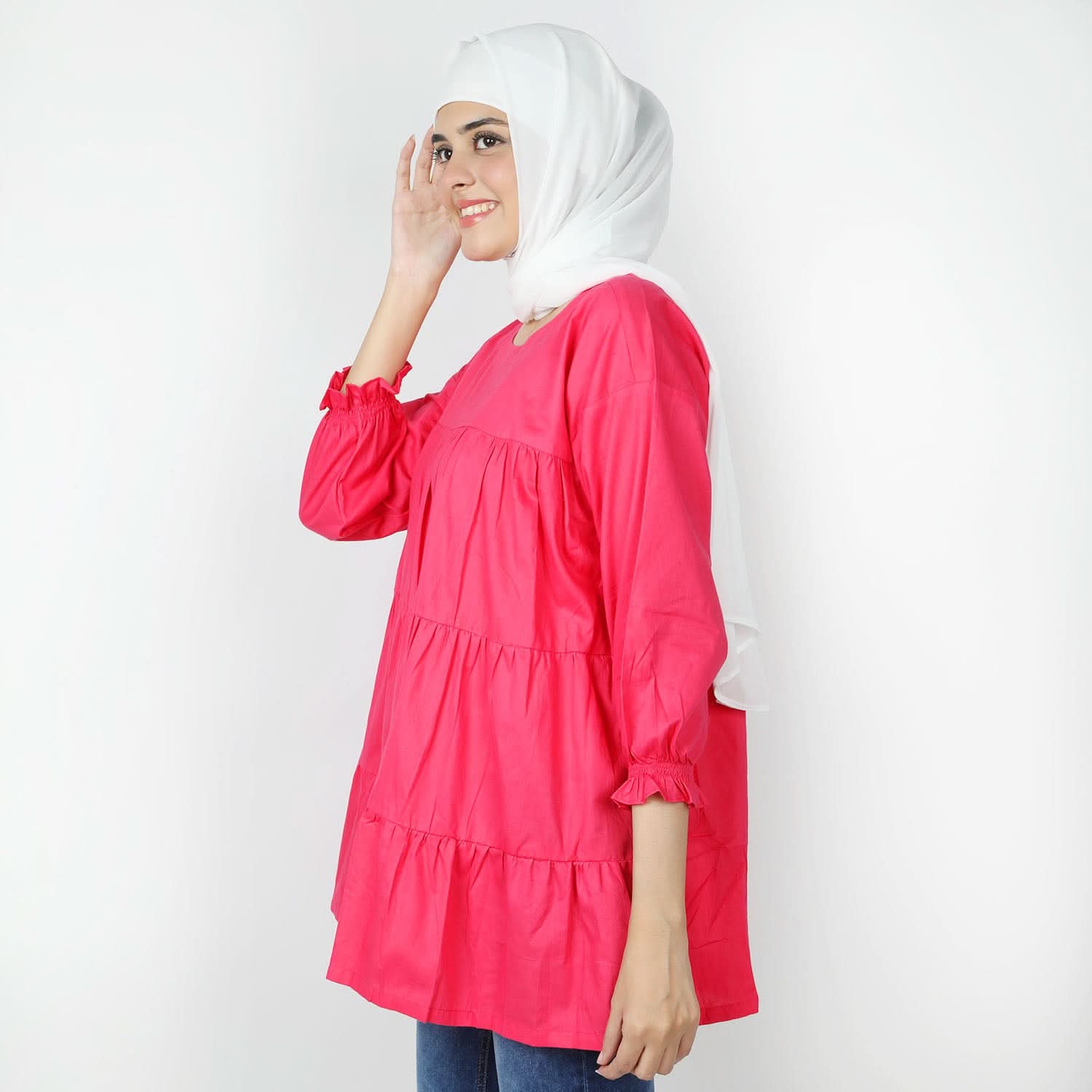 Women's Check Frill Top - Dark Pink, Women T-Shirts & Tops, Chase Value, Chase Value