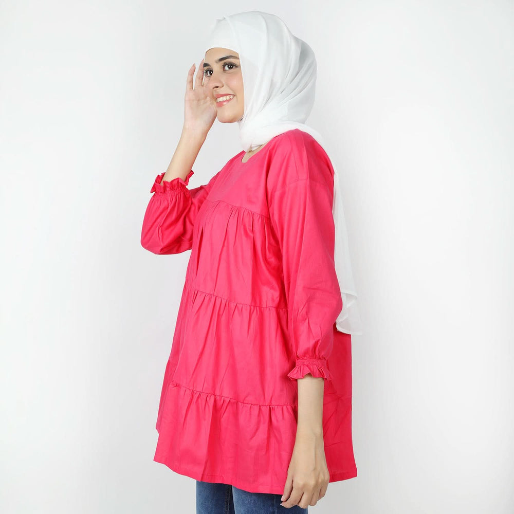 Women's Check Frill Top - Dark Pink, Women T-Shirts & Tops, Chase Value, Chase Value