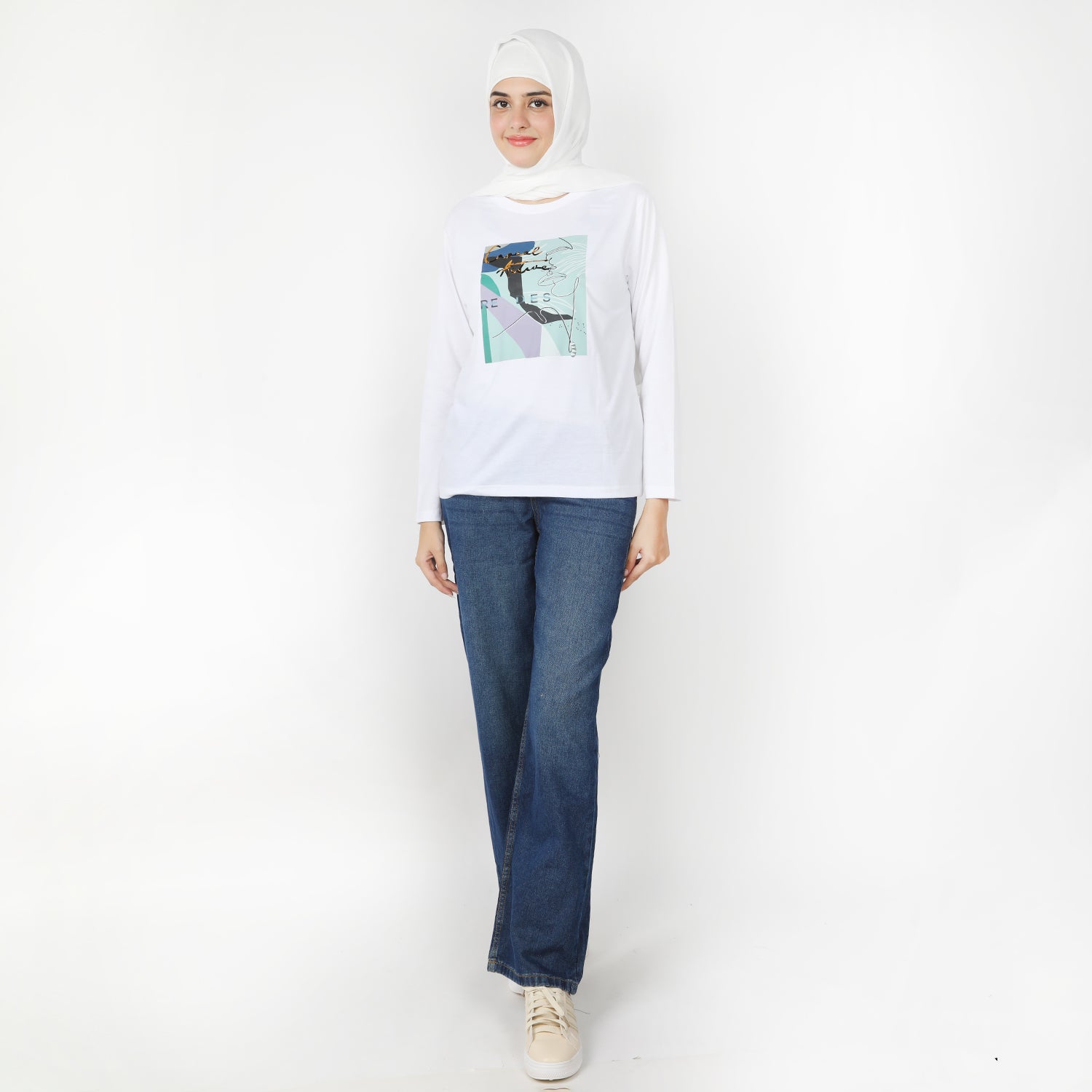 Women's Full Sleeves Printed T-Shirt - White, Women T-Shirts & Tops, Chase Value, Chase Value