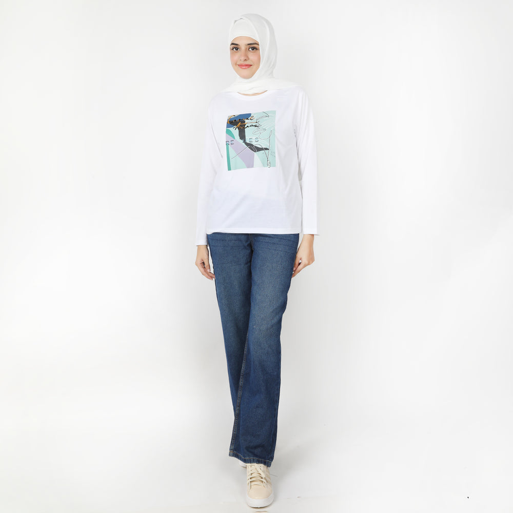 Women's Full Sleeves Printed T-Shirt - White, Women T-Shirts & Tops, Chase Value, Chase Value