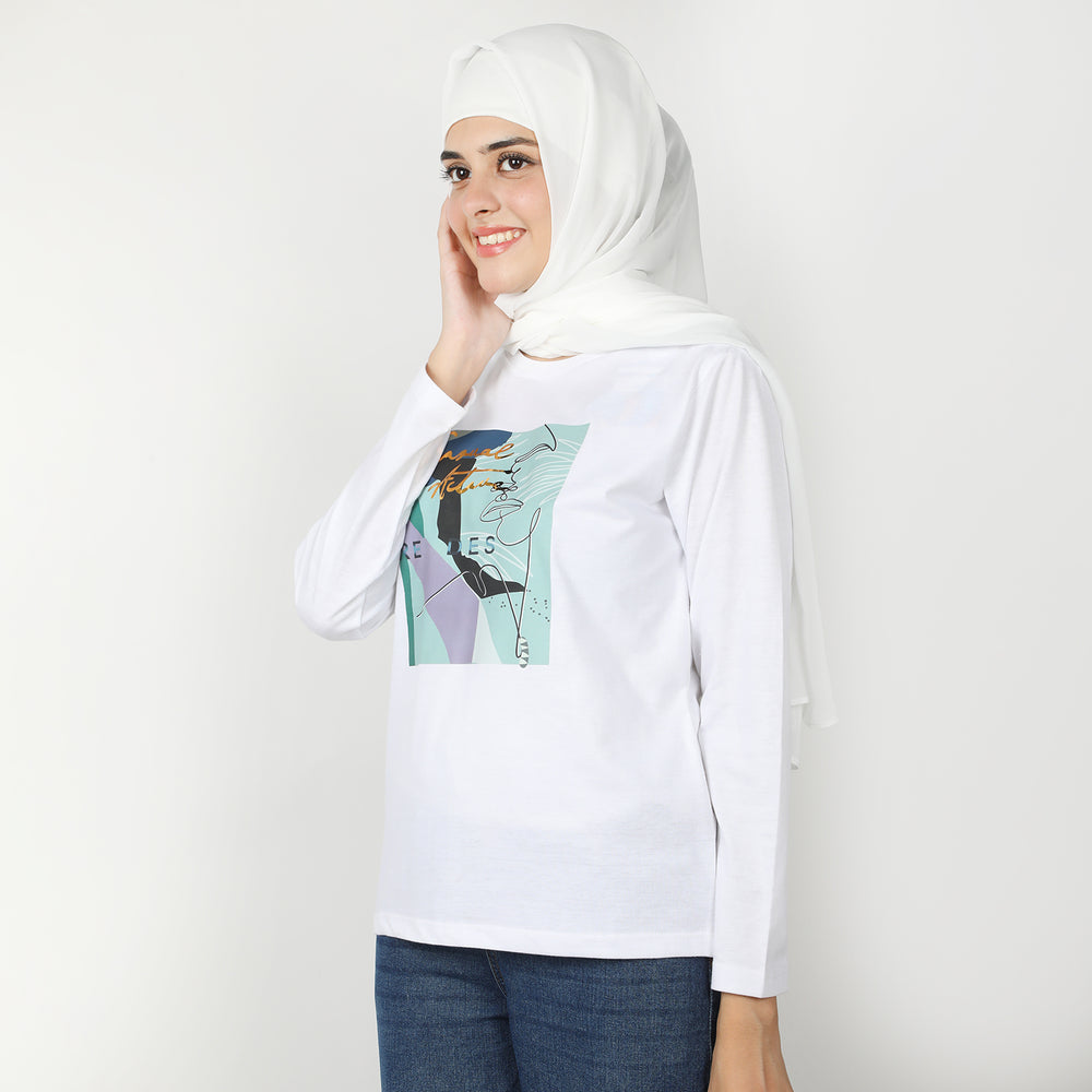 Women's Full Sleeves Printed T-Shirt - White, Women T-Shirts & Tops, Chase Value, Chase Value