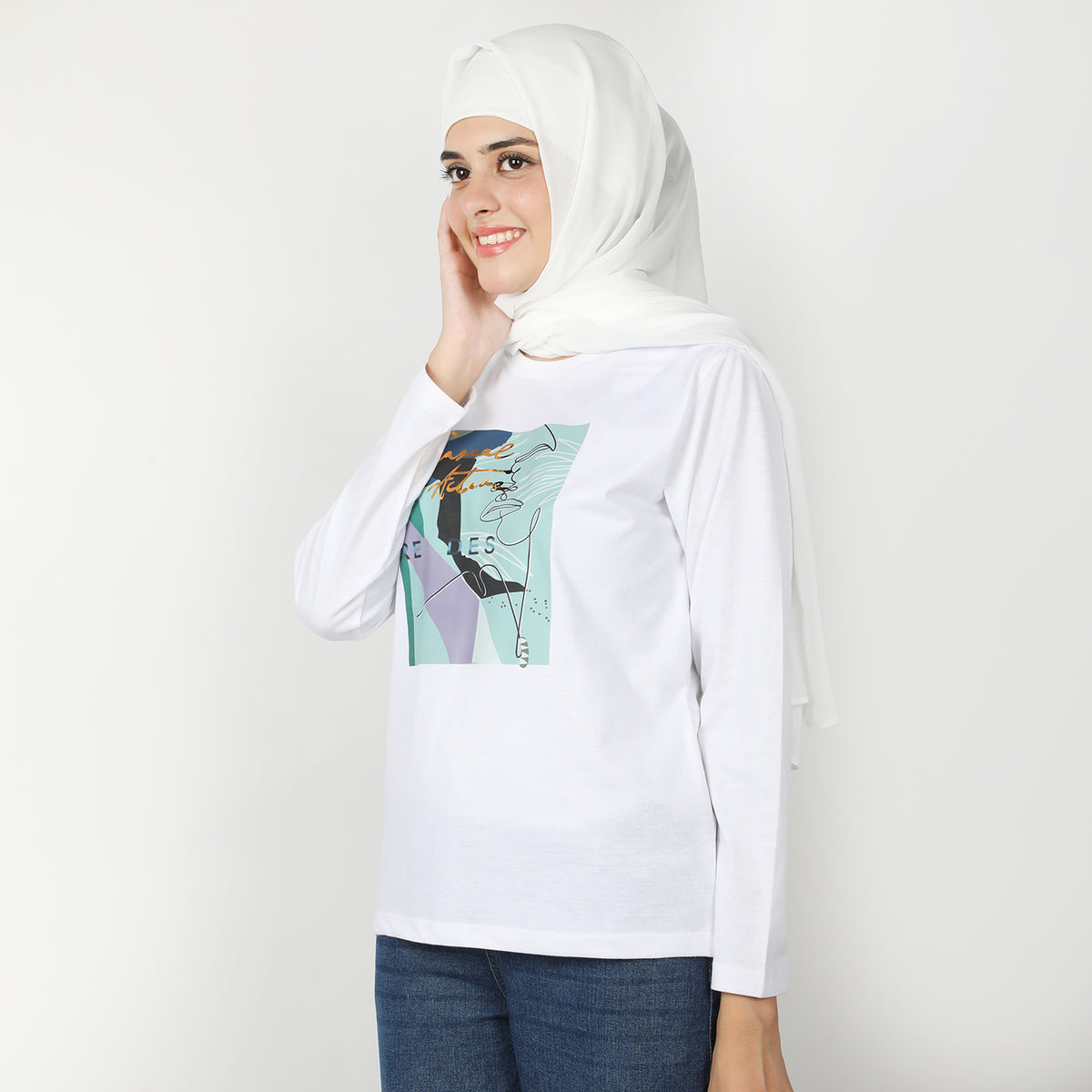 Women's Full Sleeves Printed T-Shirt - White, Women T-Shirts & Tops, Chase Value, Chase Value