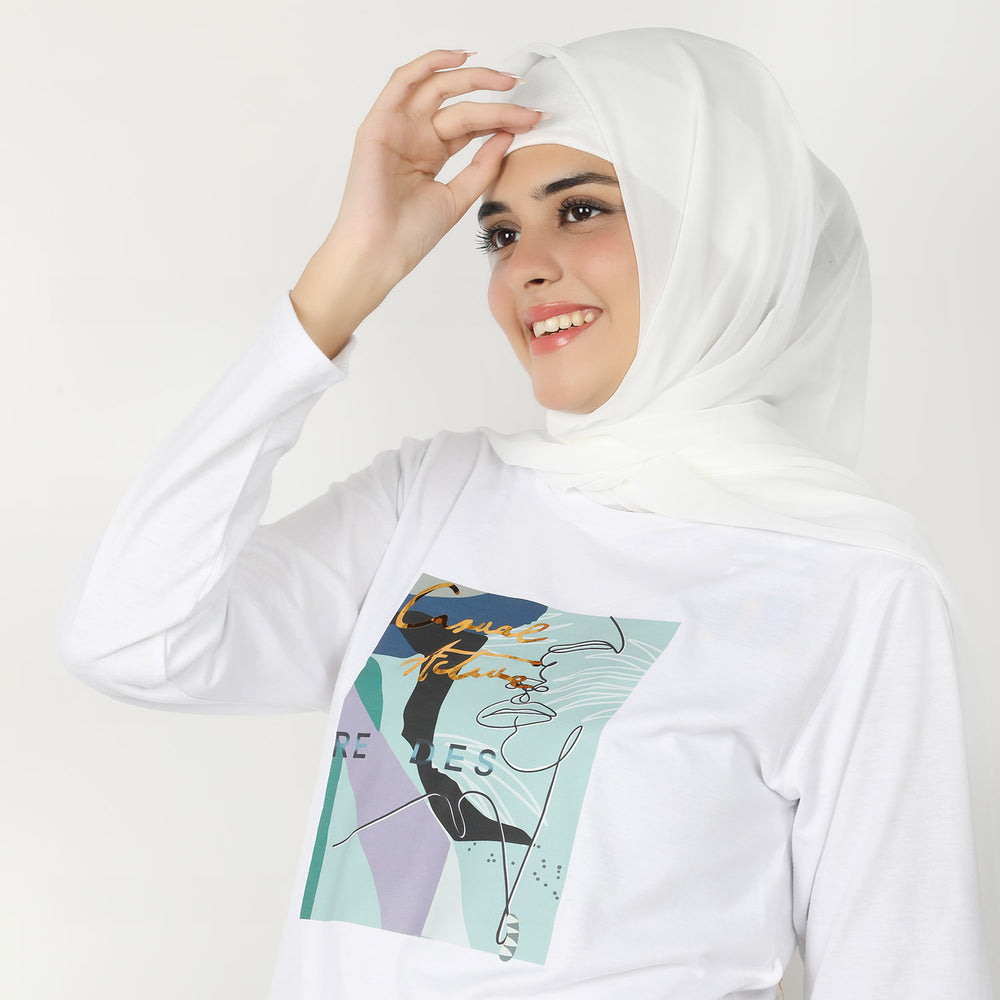 Women's Full Sleeves Printed T-Shirt - White, Women T-Shirts & Tops, Chase Value, Chase Value