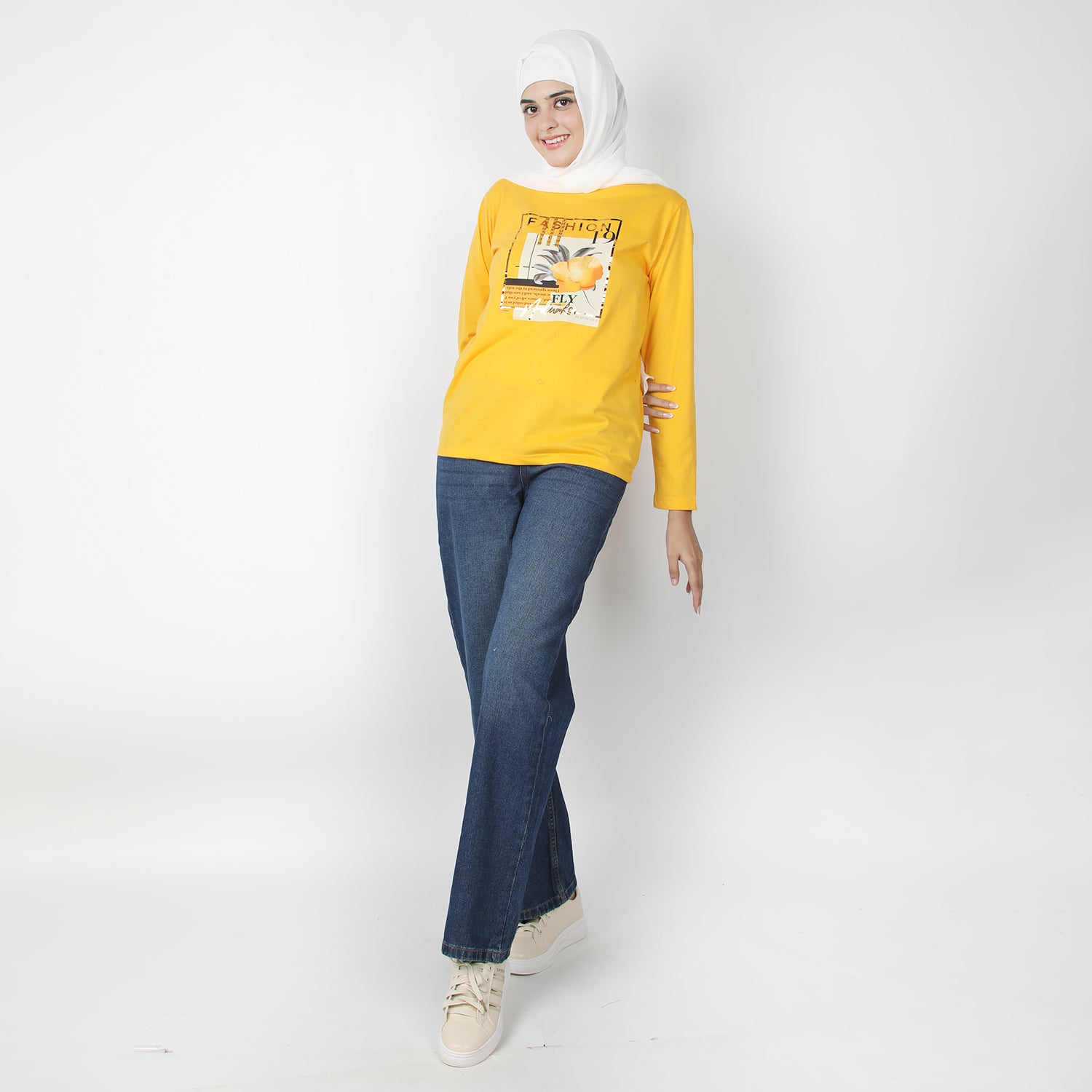 Women's Full Sleeves Printed T-Shirt - Yellow, Women T-Shirts & Tops, Chase Value, Chase Value
