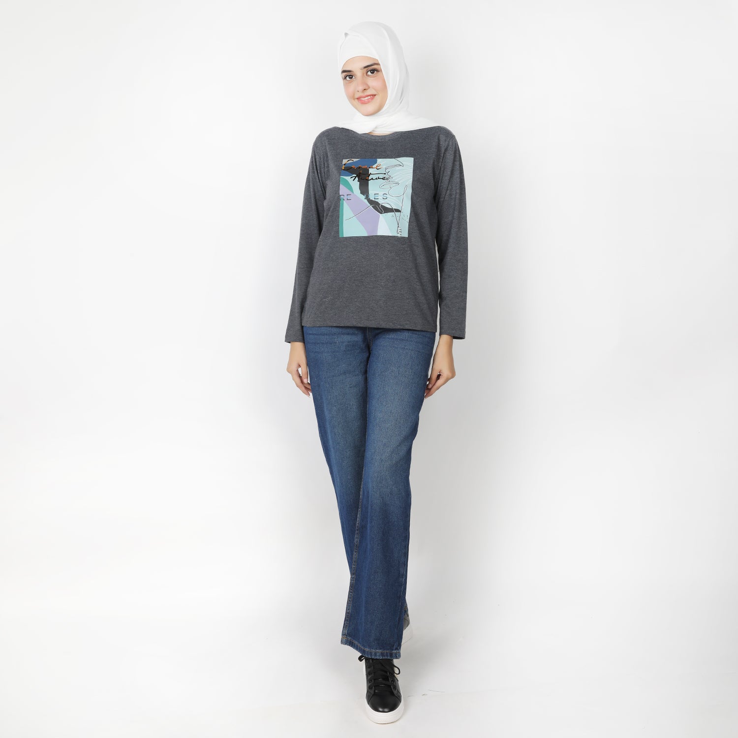 Women's Full Sleeves Printed T-Shirt - Dark Grey, Women T-Shirts & Tops, Chase Value, Chase Value