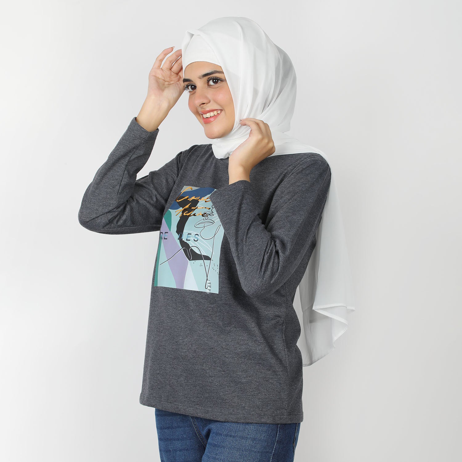 Women's Full Sleeves Printed T-Shirt - Dark Grey, Women T-Shirts & Tops, Chase Value, Chase Value
