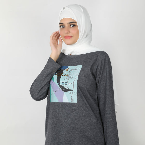 Women's Full Sleeves Printed T-Shirt - Dark Grey