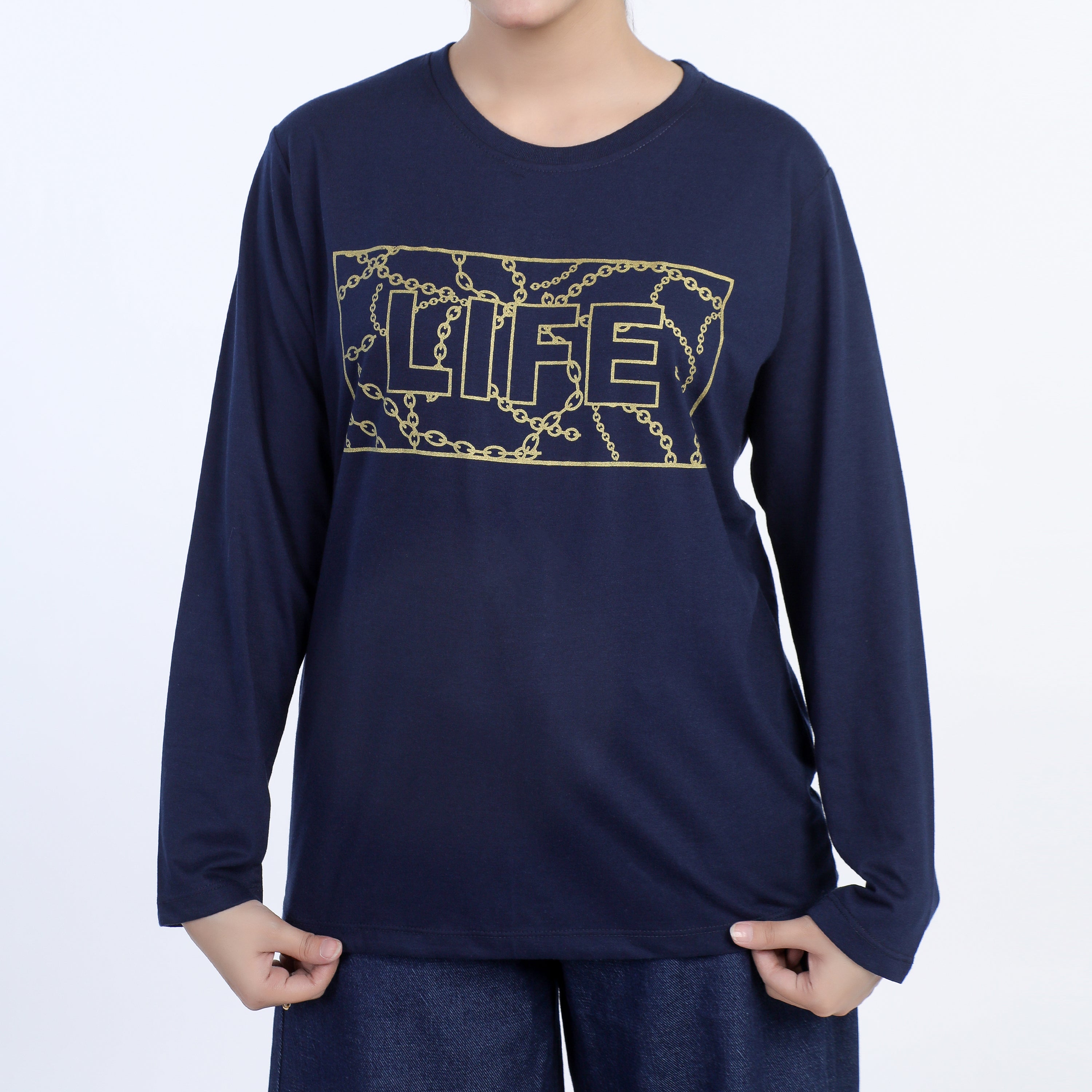 Women's Full Sleeves Printed T-Shirt - Navy Blue, Women T-Shirts & Tops, Chase Value, Chase Value
