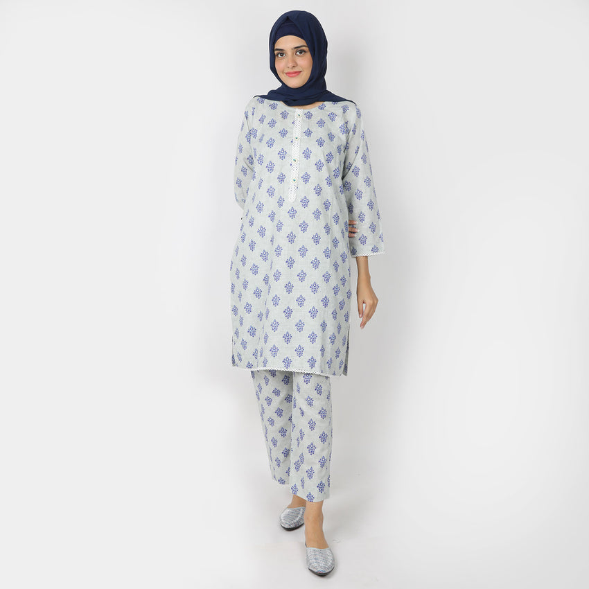 Women's Printed Khaddar Stitched 2pcs Suit - Sea Green