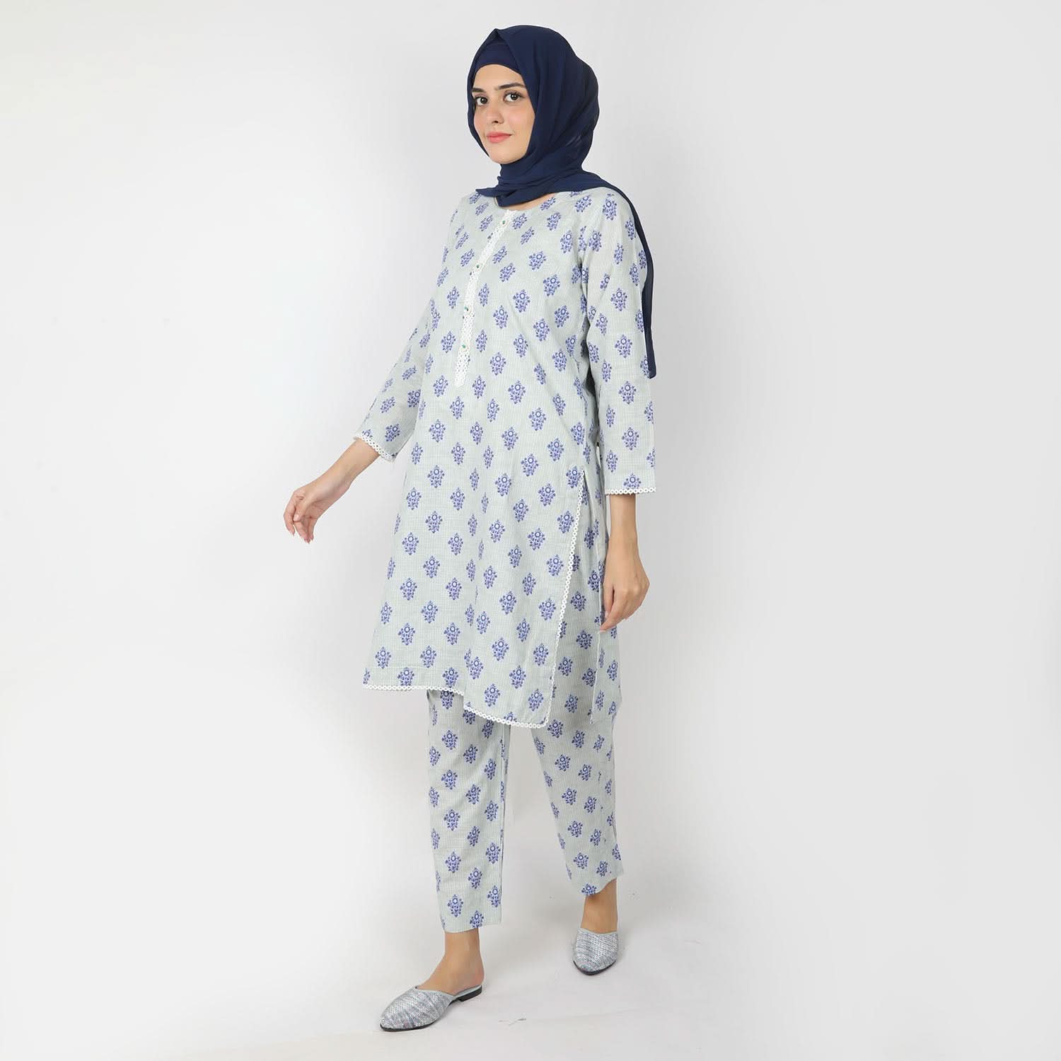 Women's Printed Khaddar Stitched 2pcs Suit - Sea Green, Women Shalwar Suits, Chase Value, Chase Value
