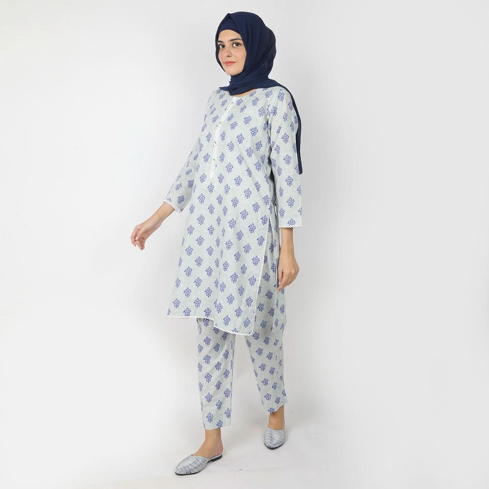 Women's Printed Khaddar Stitched 2pcs Suit - Sea Green, Women Shalwar Suits, Chase Value, Chase Value