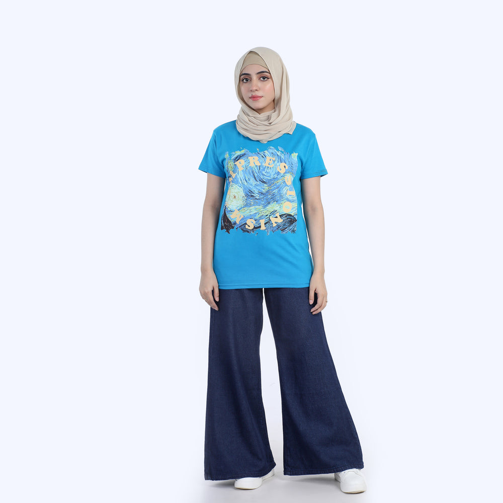 Women's Half Sleeves Printed T-shirt - Blue, Women T-Shirts & Tops, Chase Value, Chase Value