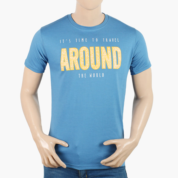 Men's Printed Half Sleeves Round Neck T-Shirt - Steal Blue