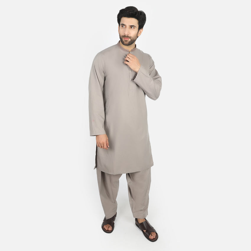 Men's Embroidered Stitched Shalwar Suit - Peach