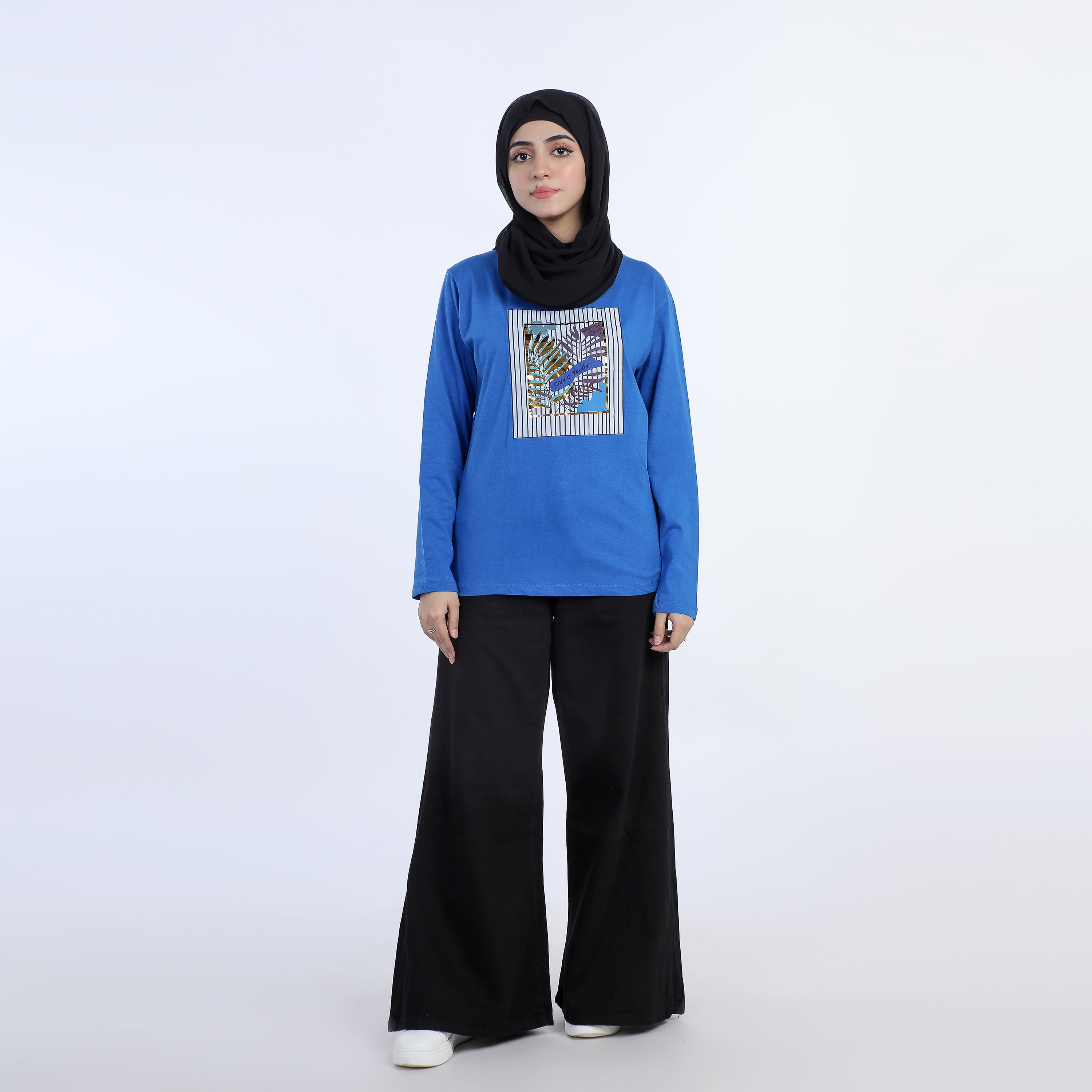 Women's Full Sleeves Printed T-Shirt - Blue, Women T-Shirts & Tops, Chase Value, Chase Value