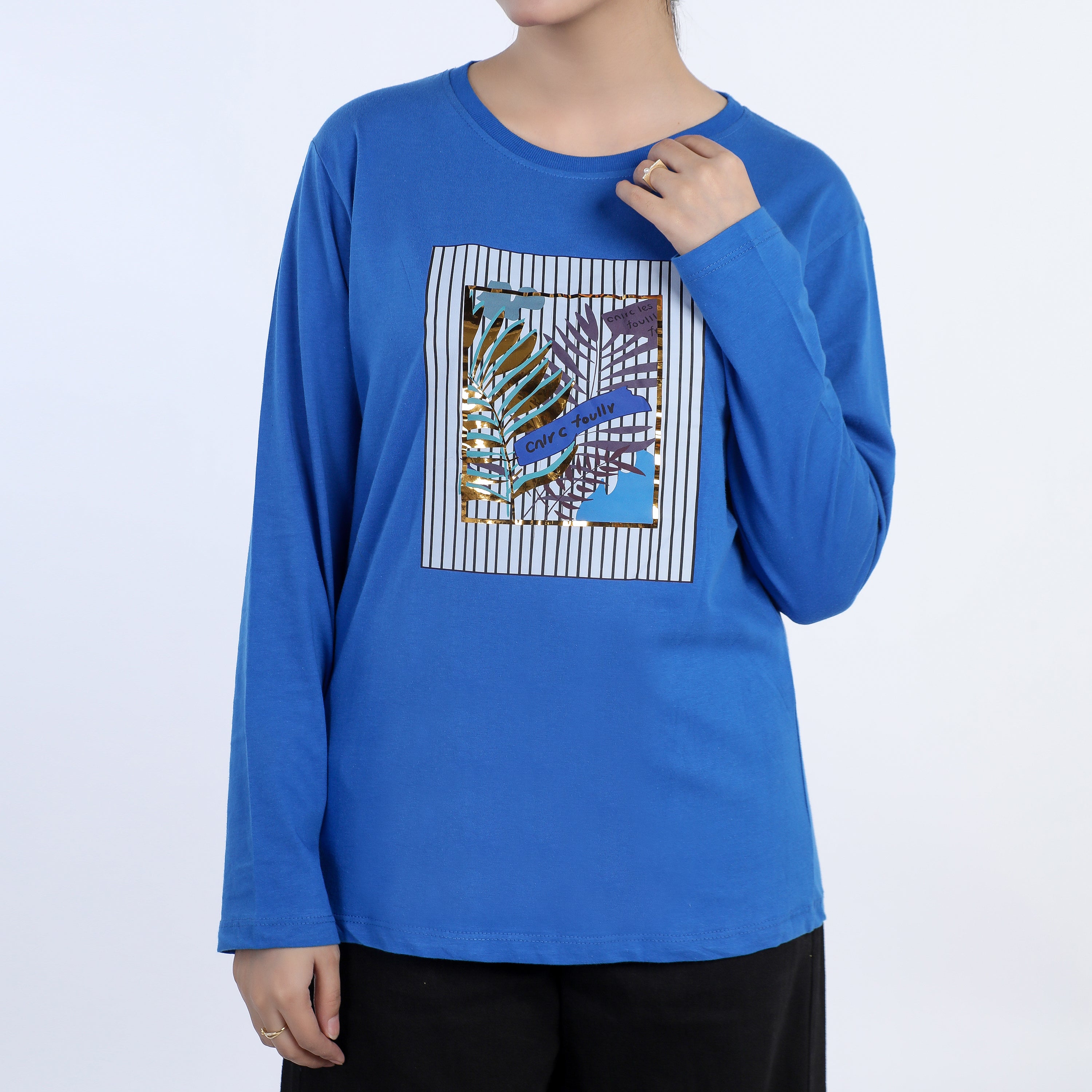 Women's Full Sleeves Printed T-Shirt - Blue, Women T-Shirts & Tops, Chase Value, Chase Value