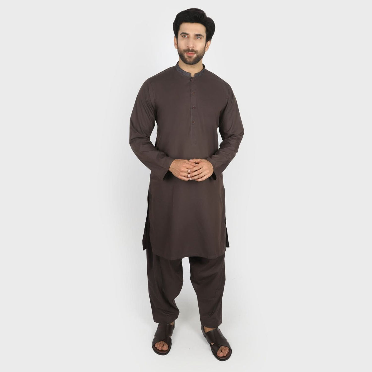Valuables Men Embroidered Shalwar Suit - Dark Brown, Men's Shalwar Kameez, Chase Value, Chase Value