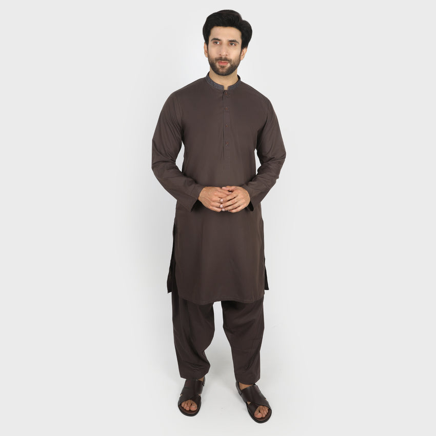 Valuables Men Embroidered Shalwar Suit - Dark Brown