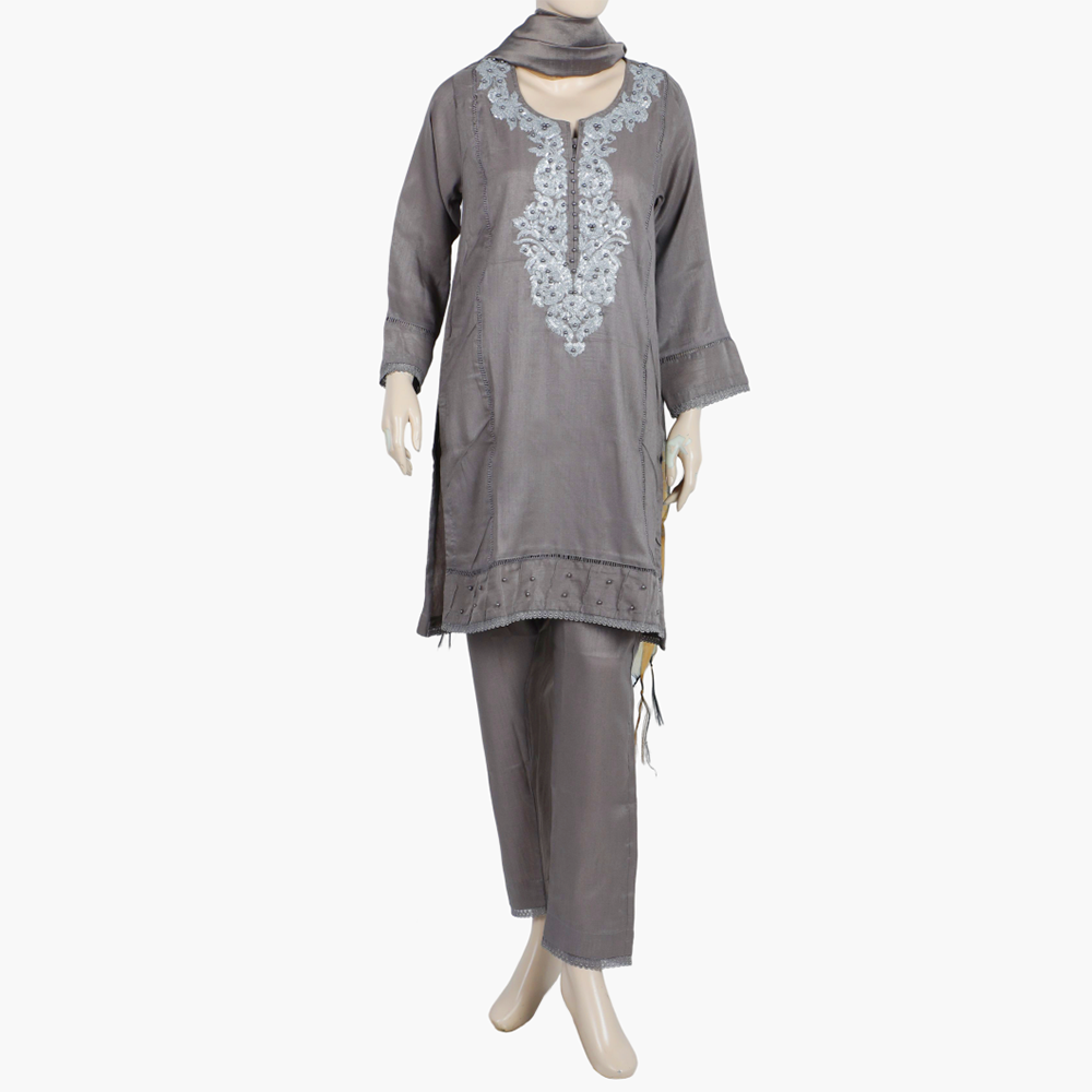 Women's Raw Silk With Embroidered 3Pcs Suit - Dark Grey, Women Shalwar Suits, Chase Value, Chase Value