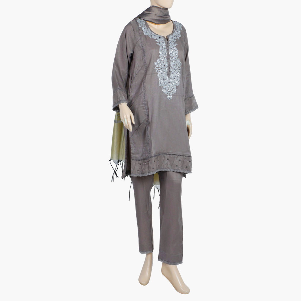 Women's Raw Silk With Embroidered 3Pcs Suit - Dark Grey, Women Shalwar Suits, Chase Value, Chase Value