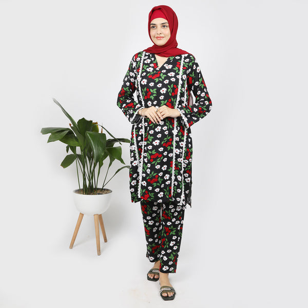 Women's Printed Linen Co-Ord Set - Black