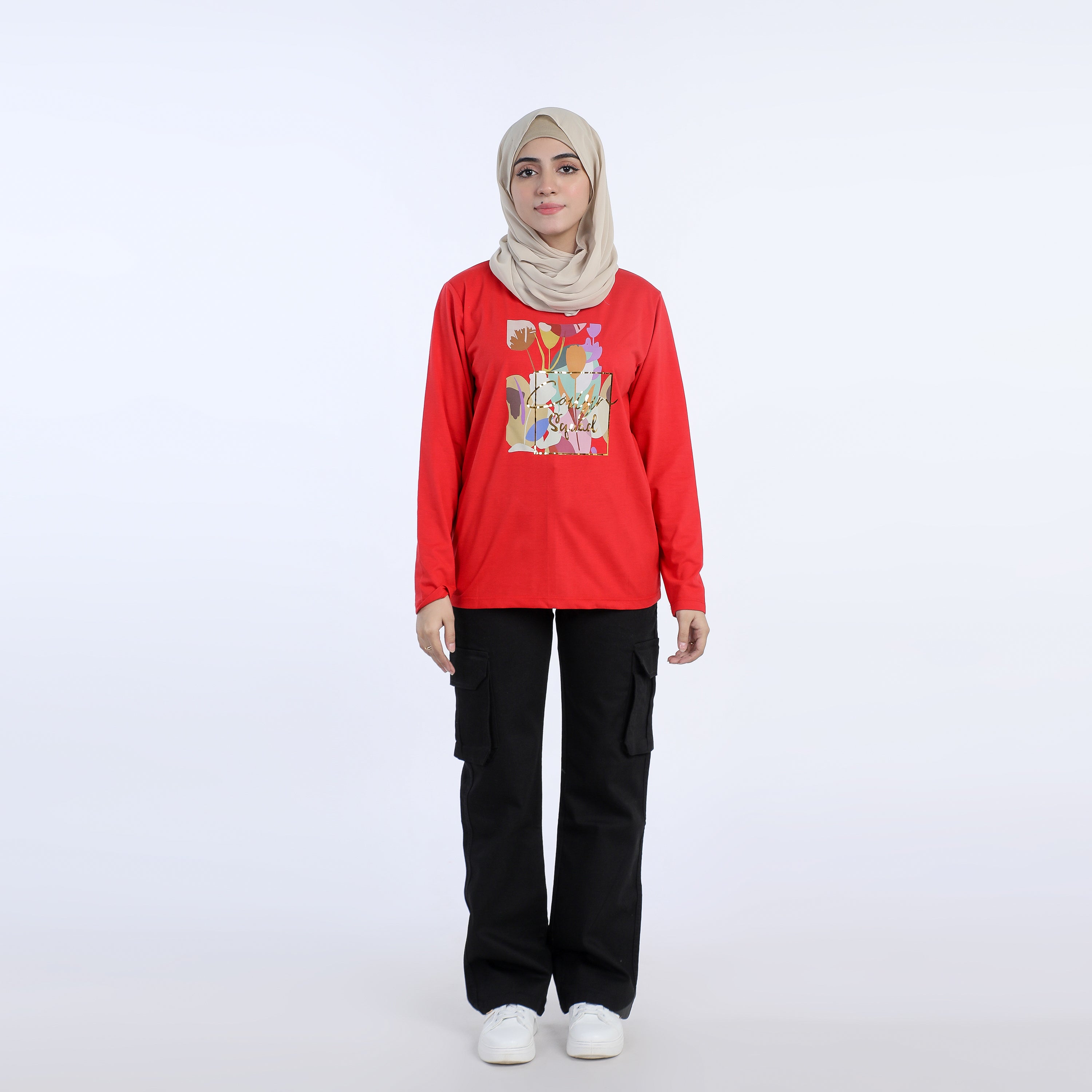 Women's Full Sleeves Printed Top - Red, Women T-Shirts & Tops, Chase Value, Chase Value