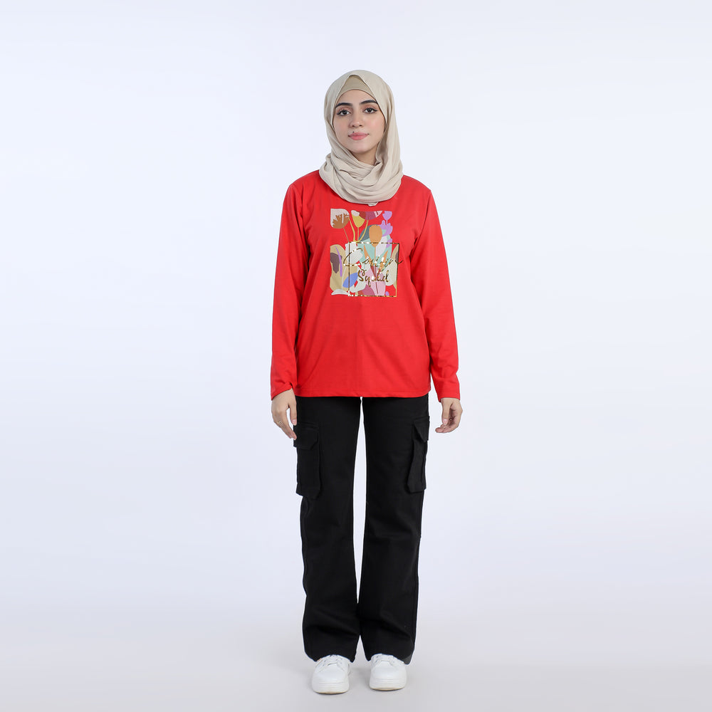 Women's Full Sleeves Printed Top - Red, Women T-Shirts & Tops, Chase Value, Chase Value