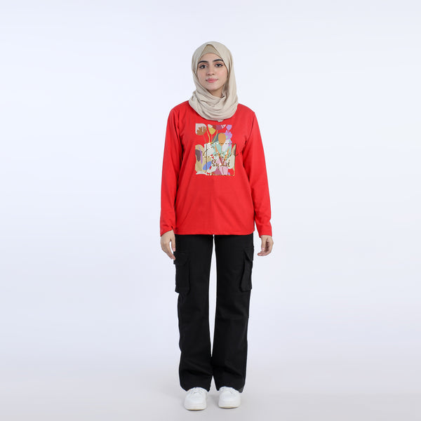 Women's Full Sleeves Printed Top - Red