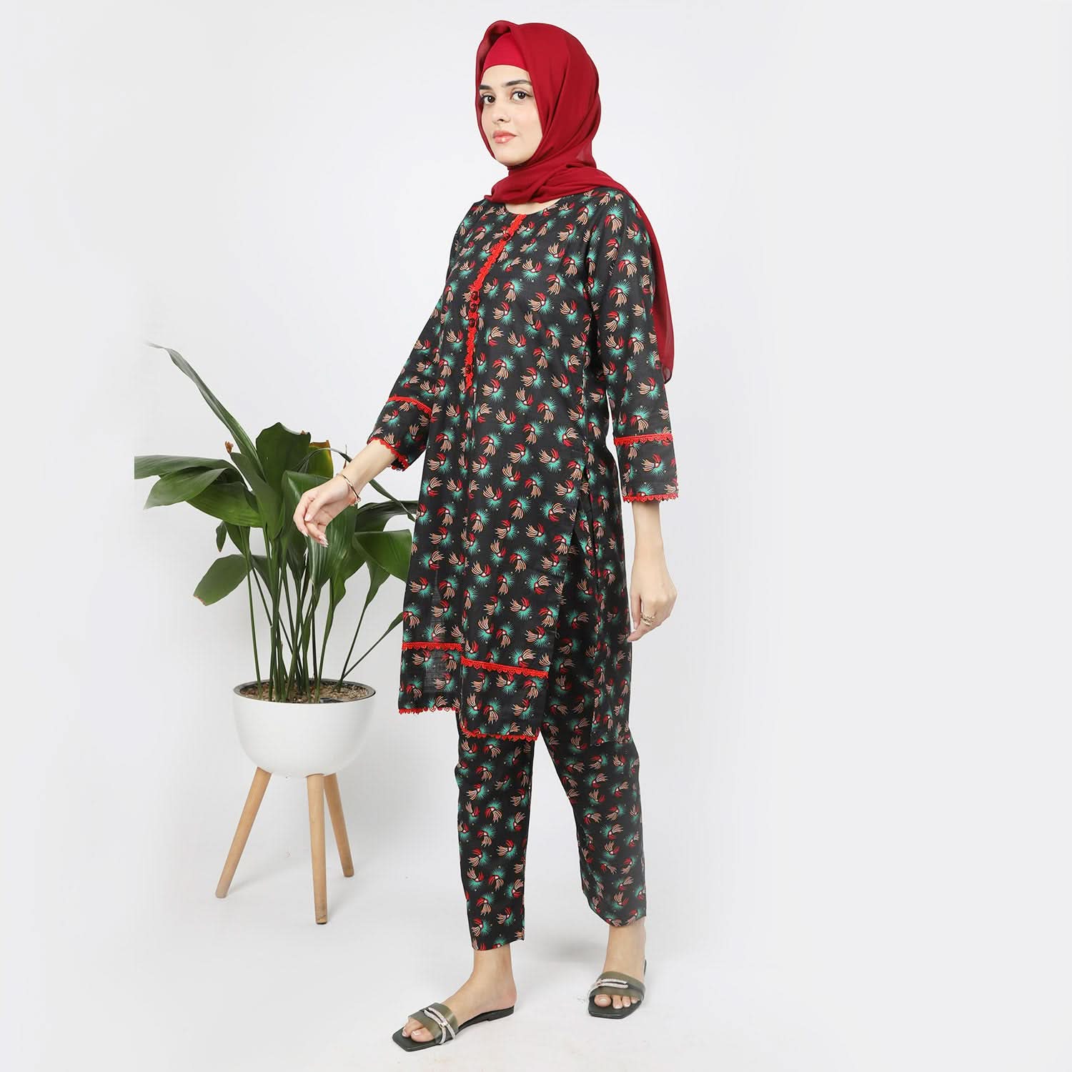 Women's Printed Khaddar Stitched 2pcs Suit - Black, Women Shalwar Suits, Chase Value, Chase Value