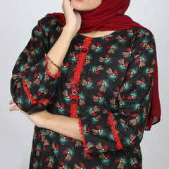 Women's Printed Khaddar Stitched 2pcs Suit - Black