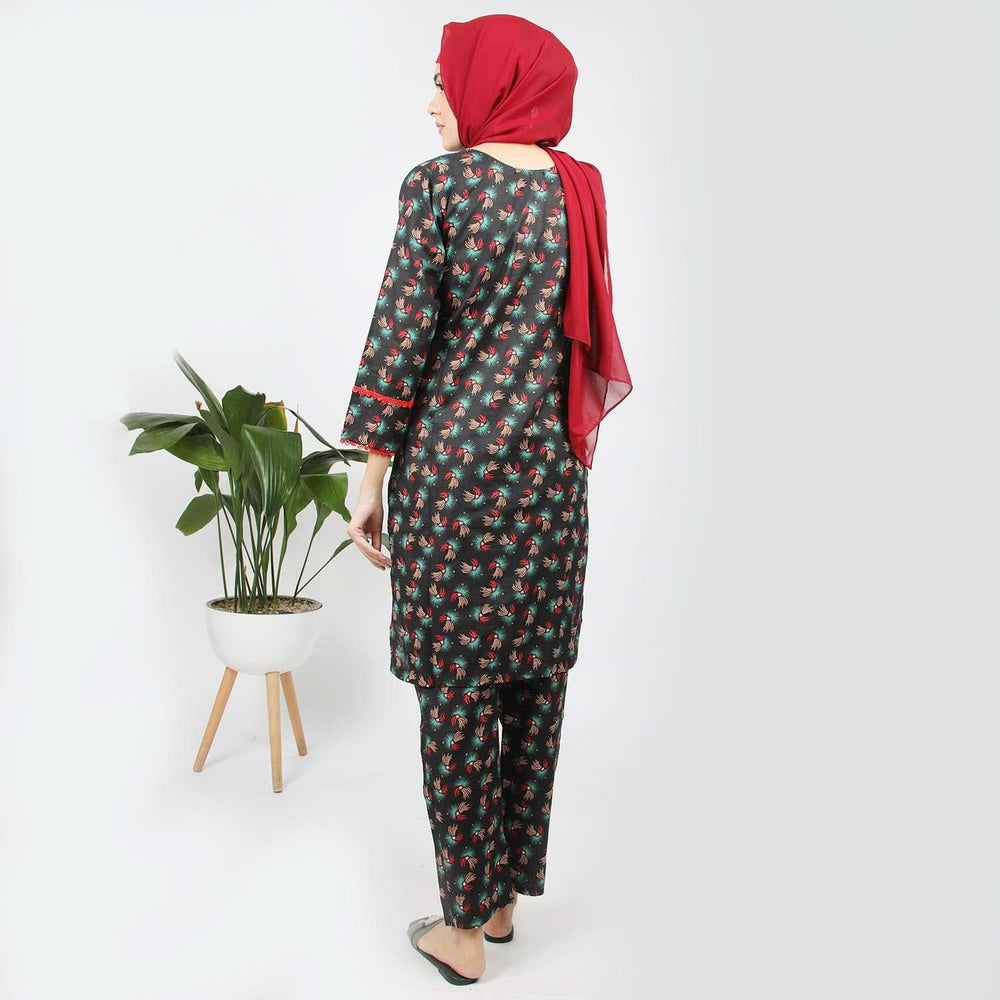 Women's Printed Khaddar Stitched 2pcs Suit - Black, Women Shalwar Suits, Chase Value, Chase Value