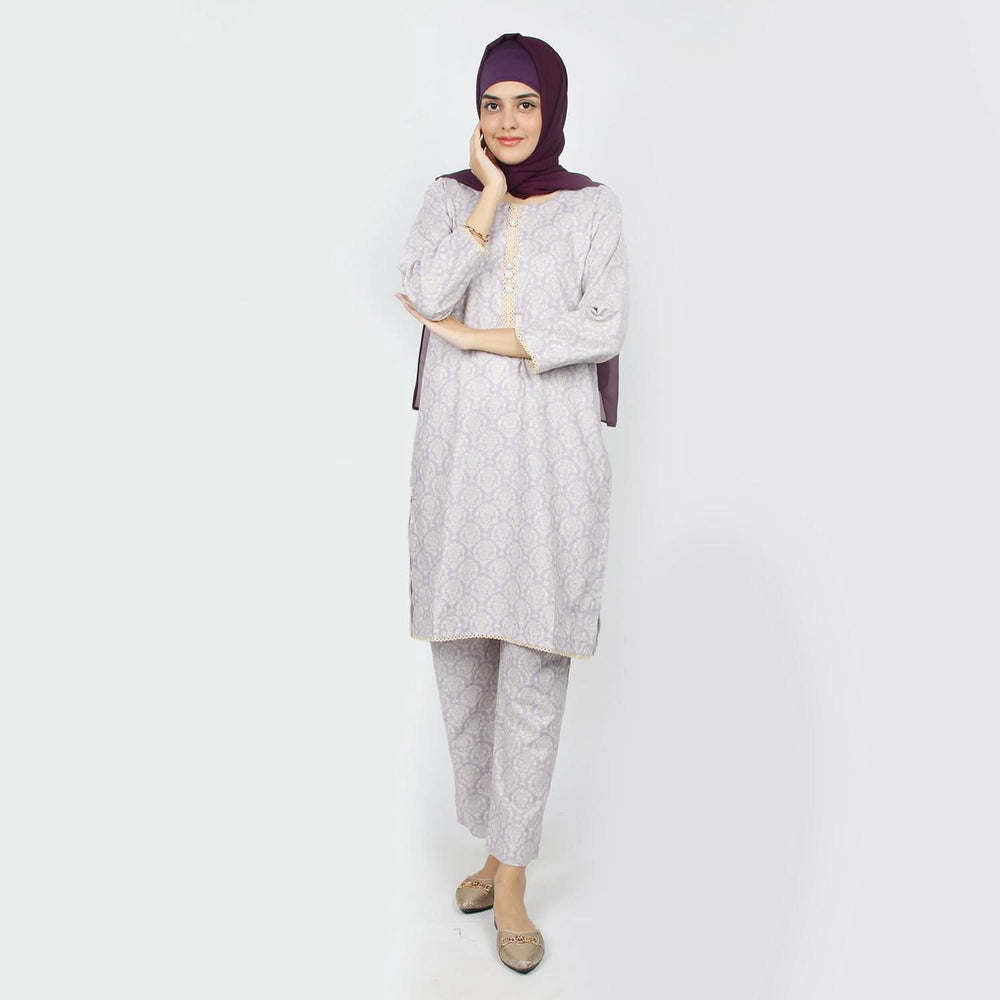 Women's Printed Khaddar Stitched 2pcs Suit - Light Purple, Women Shalwar Suits, Chase Value, Chase Value