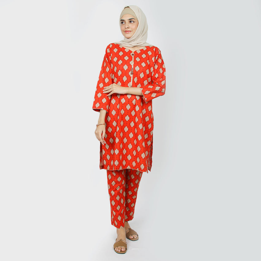 Women's Printed Khaddar Stitched 2pcs Suit - Rust