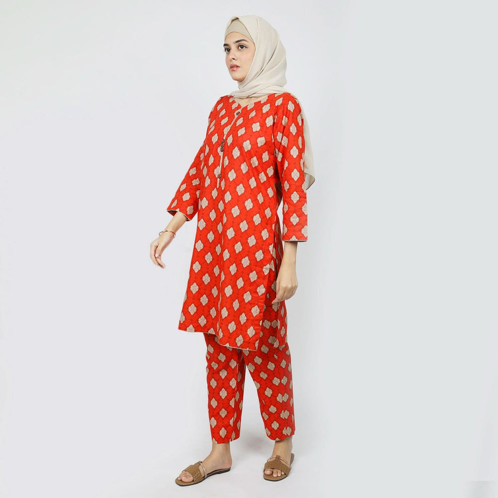 Women's Printed Khaddar Stitched 2pcs Suit - Rust, Women Shalwar Suits, Chase Value, Chase Value