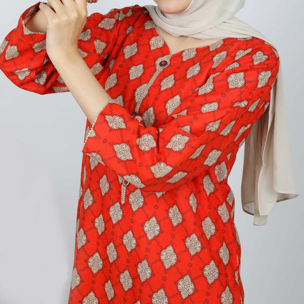 Women's Printed Khaddar Stitched 2pcs Suit - Rust, Women Shalwar Suits, Chase Value, Chase Value