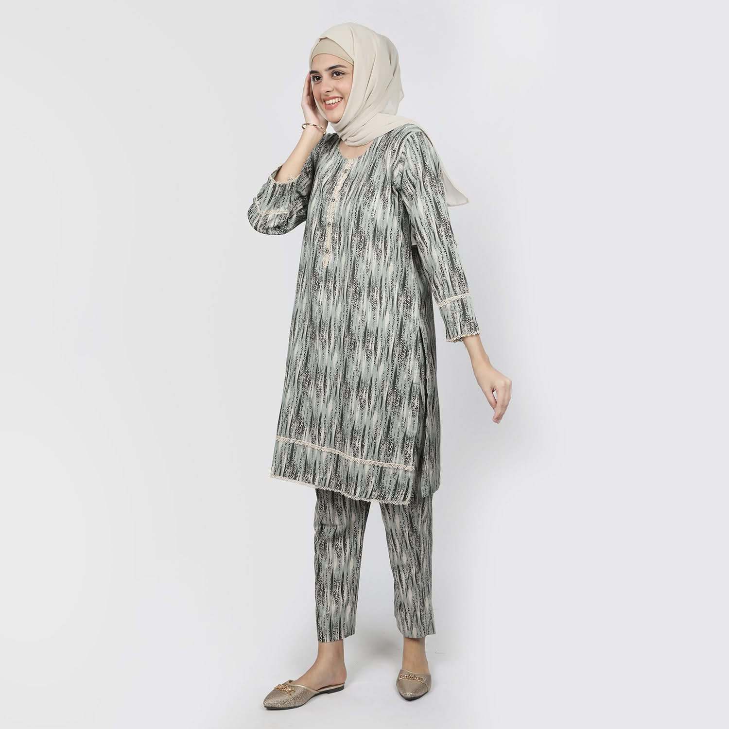 Women's Printed Khaddar Stitched 2pcs Suit - Olive, Women Shalwar Suits, Chase Value, Chase Value