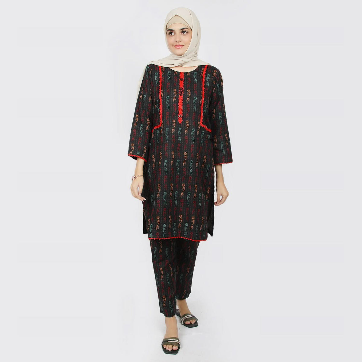 Women's Printed Khaddar Stitched 2pcs Suit - Black, Women Shalwar Suits, Chase Value, Chase Value