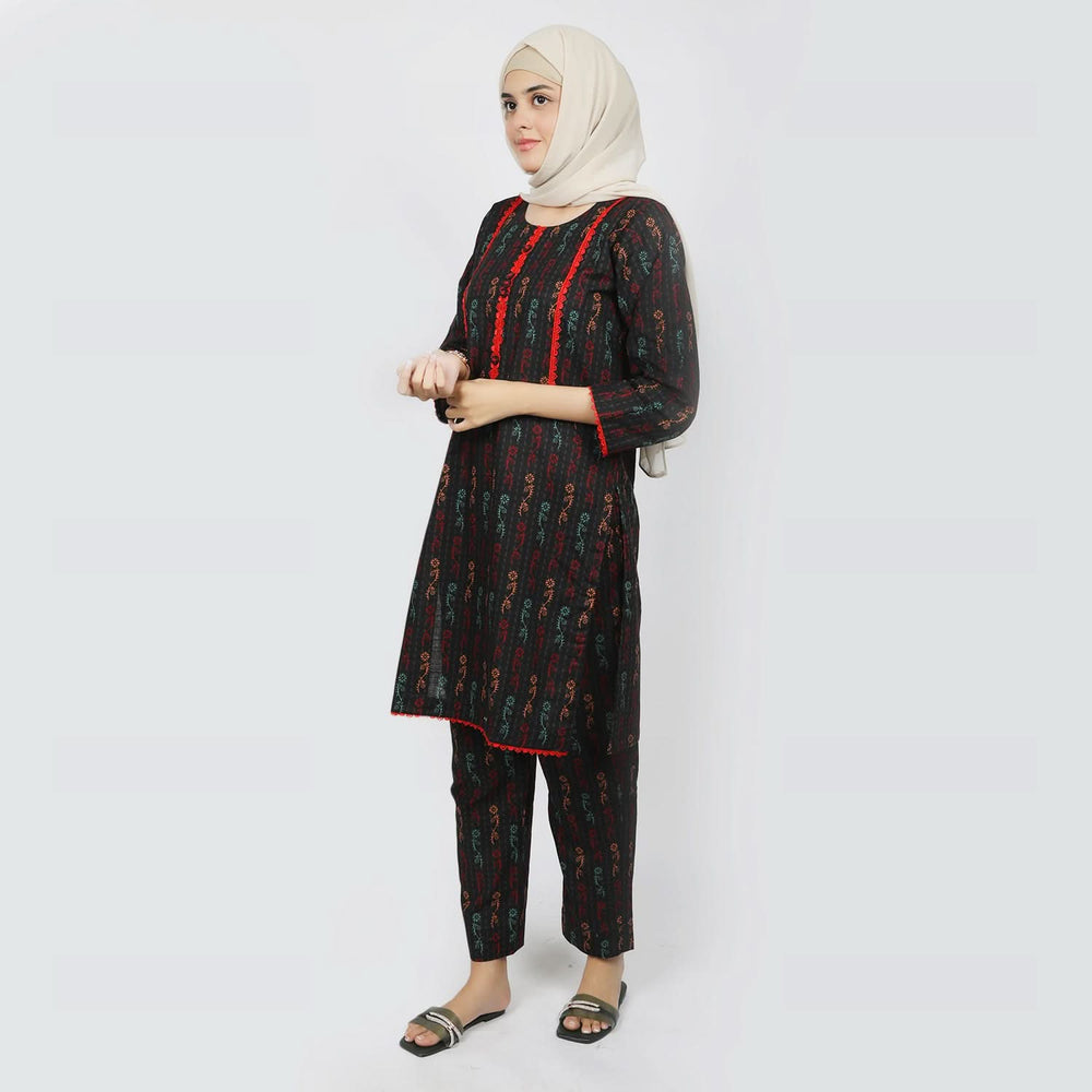 Women's Printed Khaddar Stitched 2pcs Suit - Black, Women Shalwar Suits, Chase Value, Chase Value