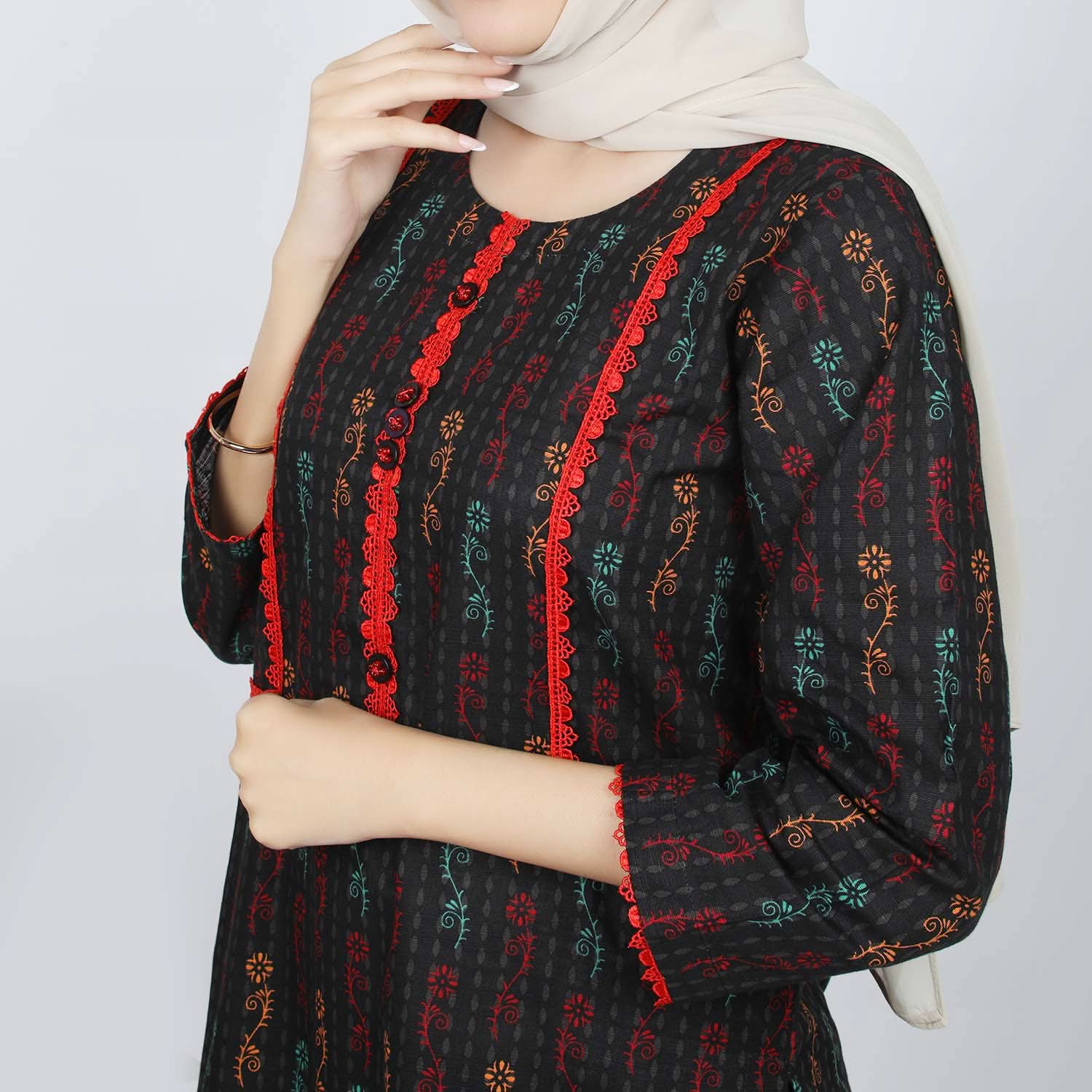 Women's Printed Khaddar Stitched 2pcs Suit - Black, Women Shalwar Suits, Chase Value, Chase Value