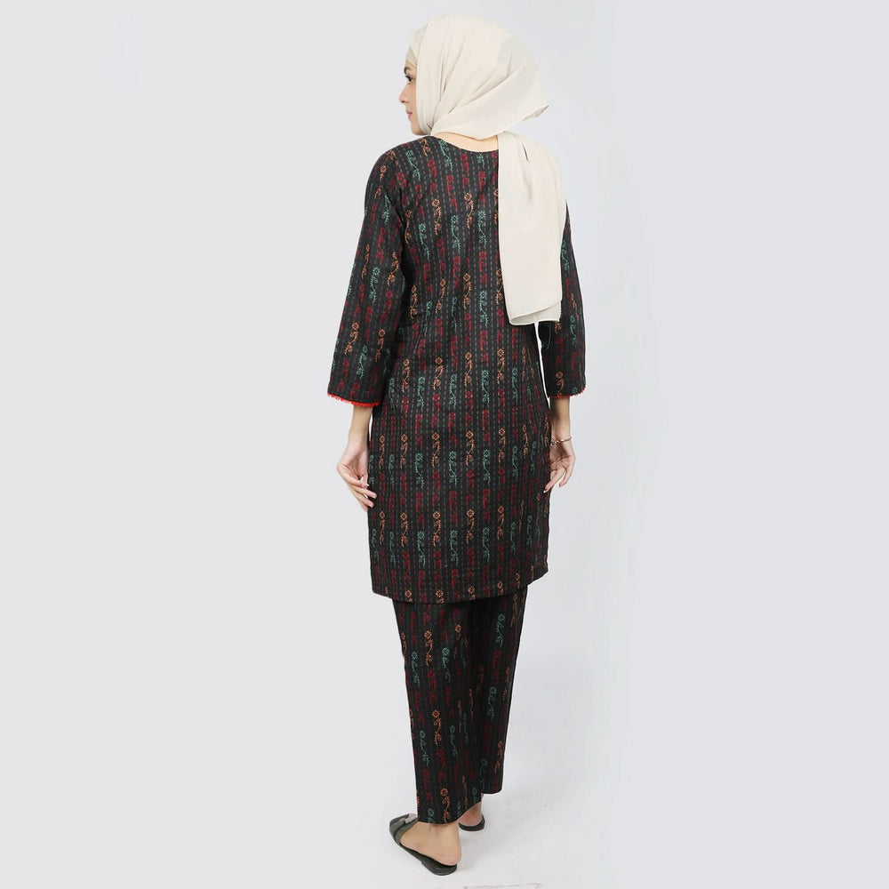 Women's Printed Khaddar Stitched 2pcs Suit - Black, Women Shalwar Suits, Chase Value, Chase Value