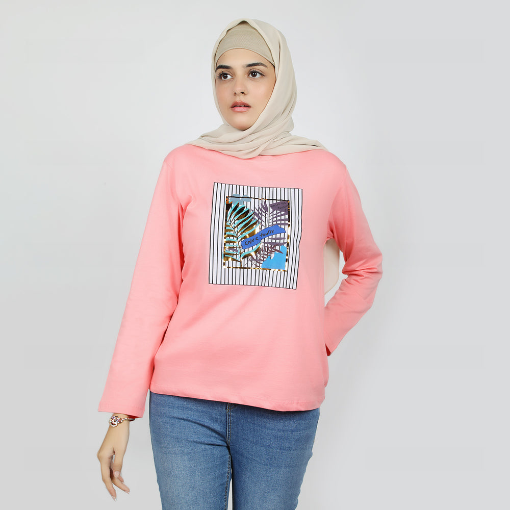 Women's Full Sleeves Printed T-Shirt - Pink, Women T-Shirts & Tops, Chase Value, Chase Value