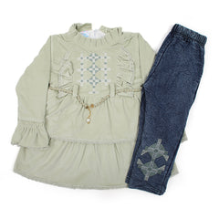Girl Full Sleeves Denim Suit - Light Green